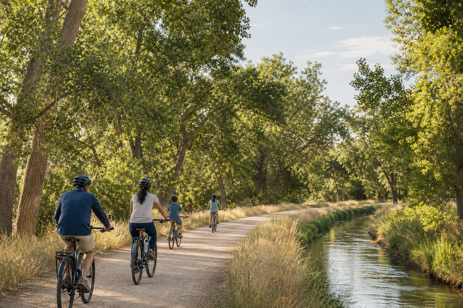 A group bicycling beside the High Line Canal in early September