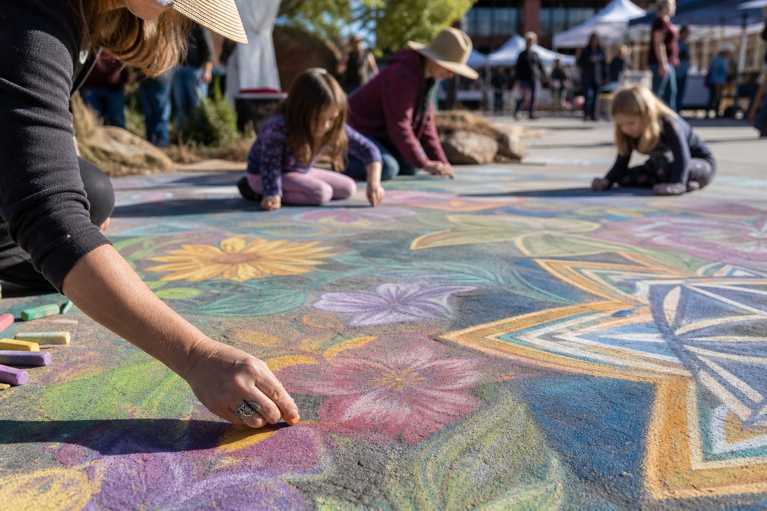 Artists and children creating colorful sidewalk chalk art outdoors
