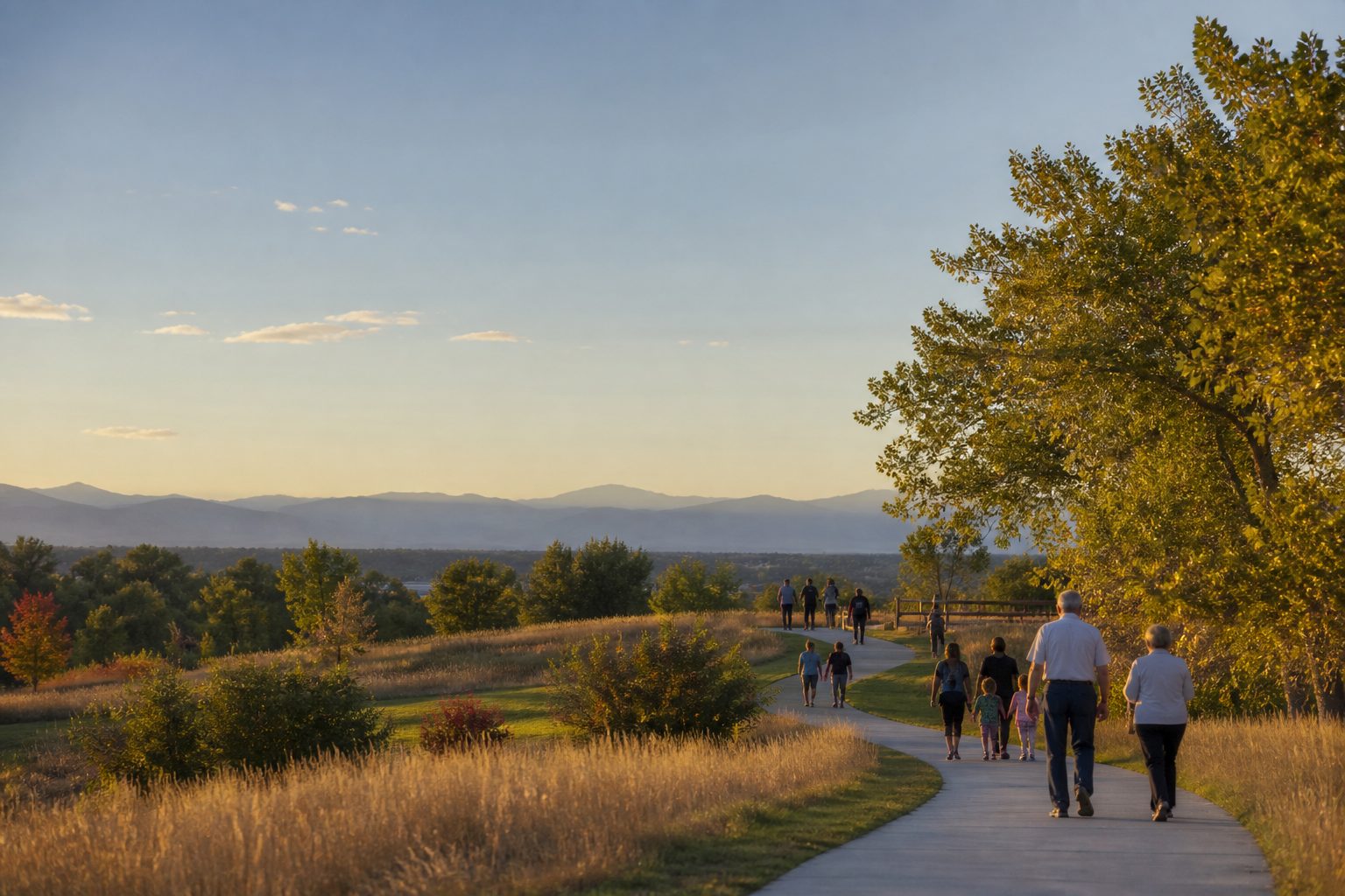 Neighbors enjoying a Front Range park path on a warm September evening