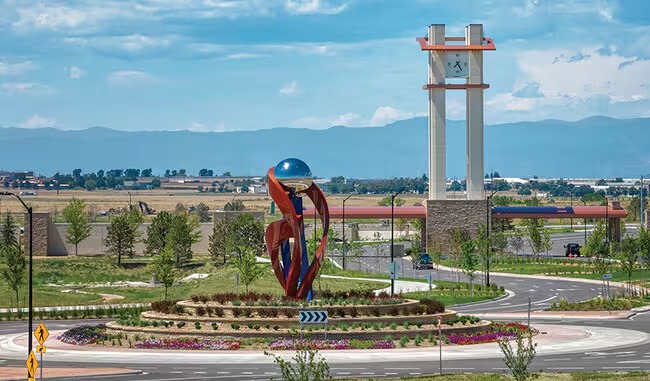 The Aurora Highlands community roundabout, public art, and clock tower in Aurora, Colorado